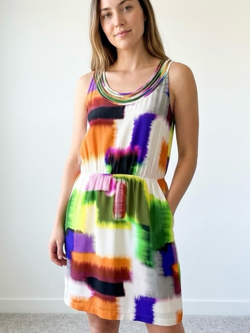 NWT Cluny 100% Silk Watercolor Dress Sz 10  Abstract Colorful Shift Pockets Boho